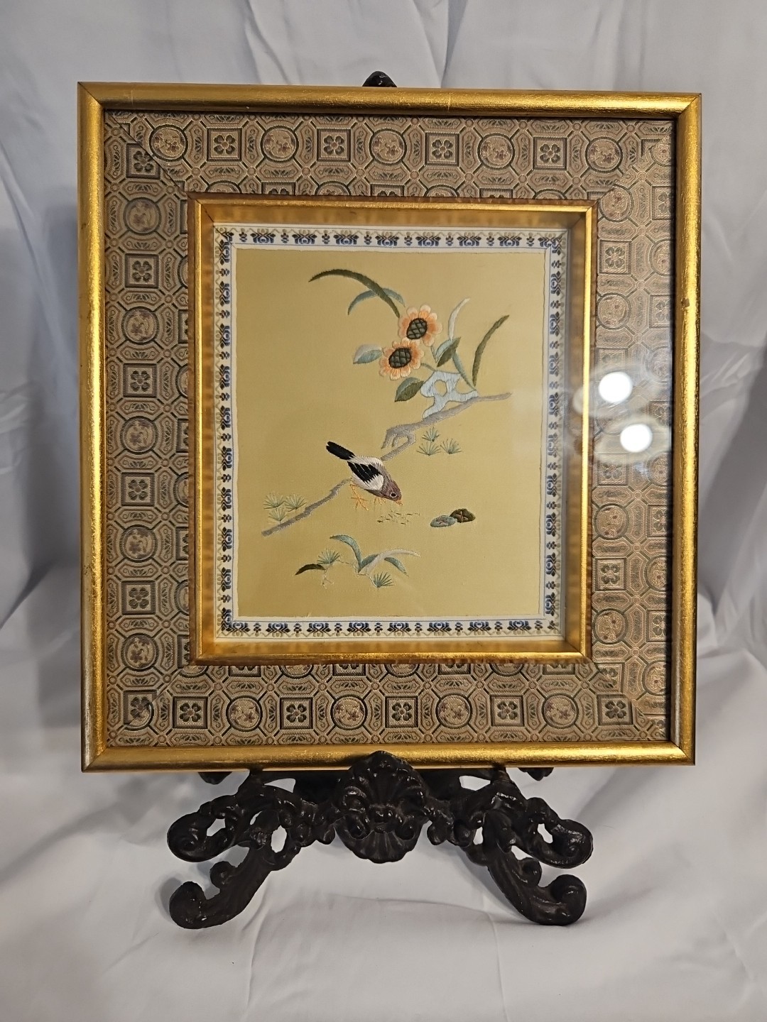 Framed Embroidered Oriental Picture of a Bird & Flowers on Silk