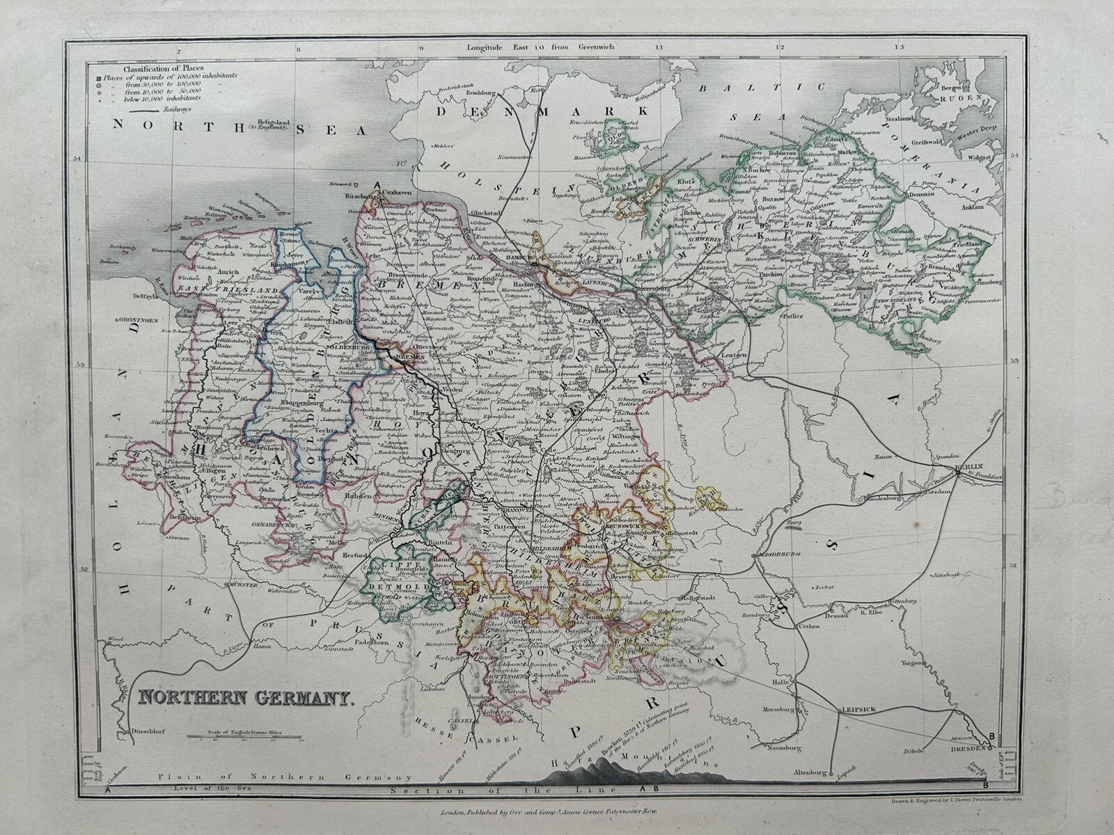 1851 Northern Germany Hand Coloured Antique Map By John Dower Showing Mountains