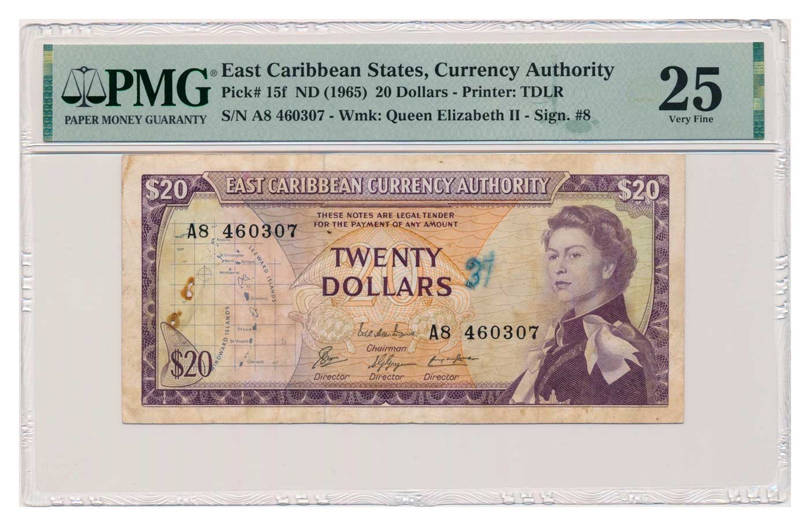 EAST CARIBBEAN STATES banknote 20 Dollars 1965 PMG VF 25 Very Fine