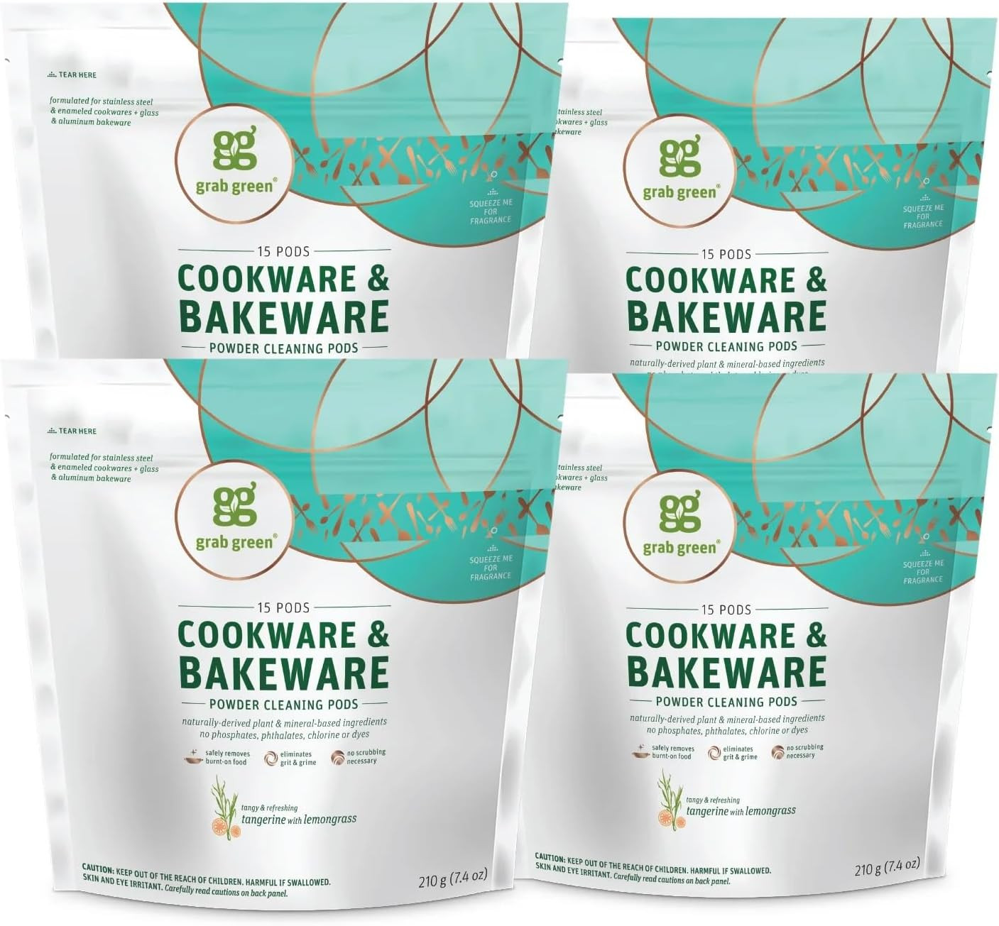 Cookware and Bakeware Cleaner Pods, 4 Bags of 15 Pods, Tangerine Lemongrass Scen