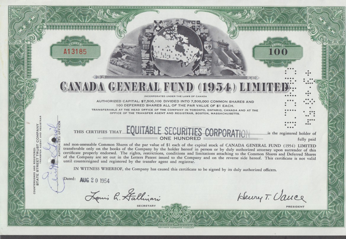 Canada General Fund (1954) Limited 100-share Stock Certificate 1954