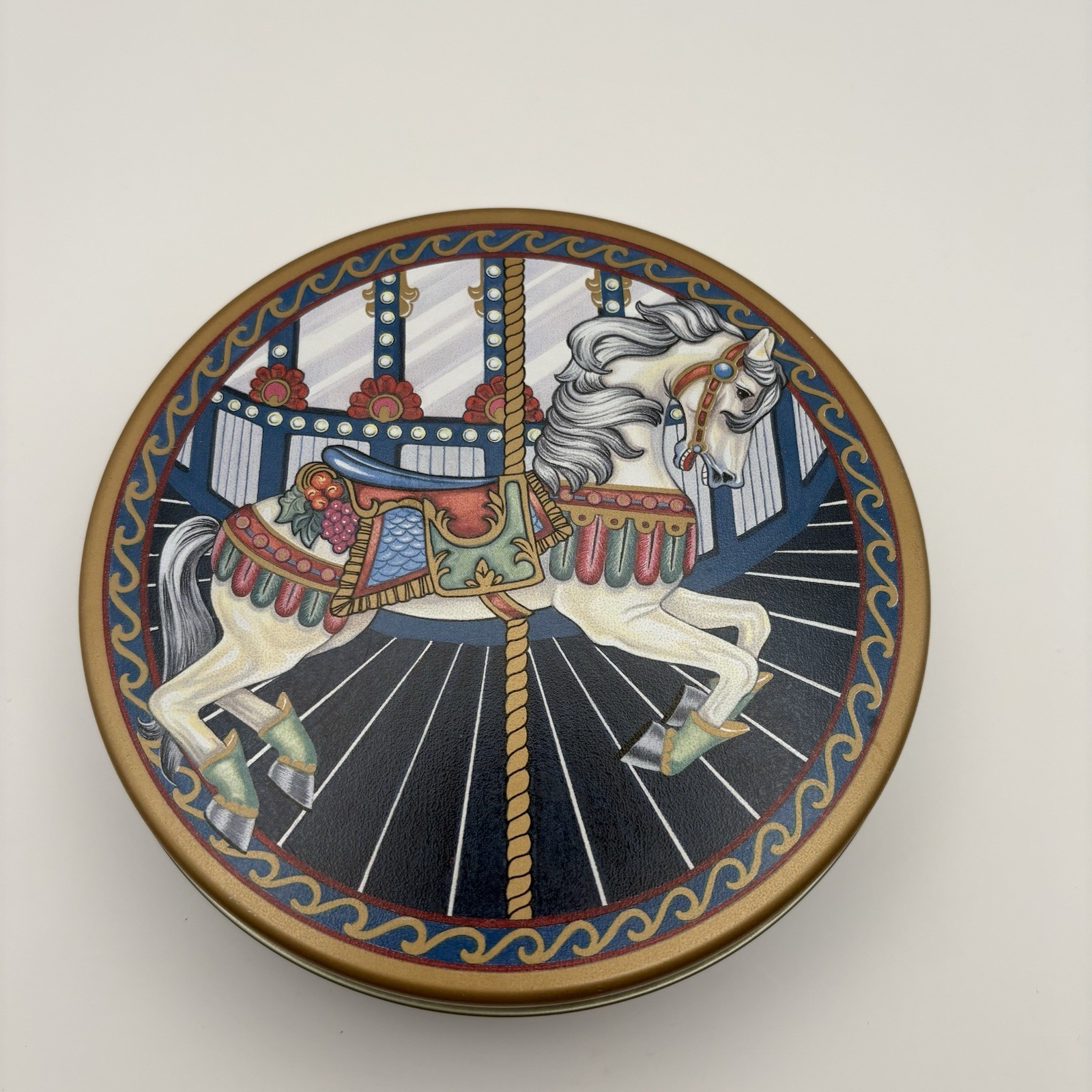 Carousel Horse Round Tin Box 6.5” x 2” Blue Gold Color