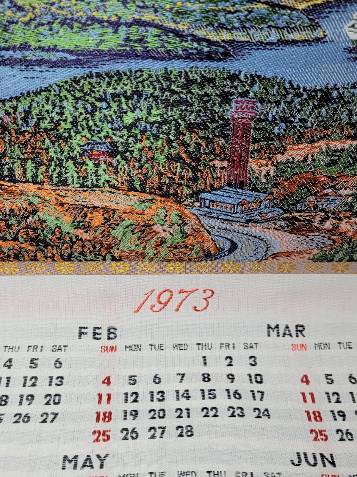 Vtg Japanese Silk Embroidered Wall Art Tapestry Can Frame Mt Fujii 1973 Calendar