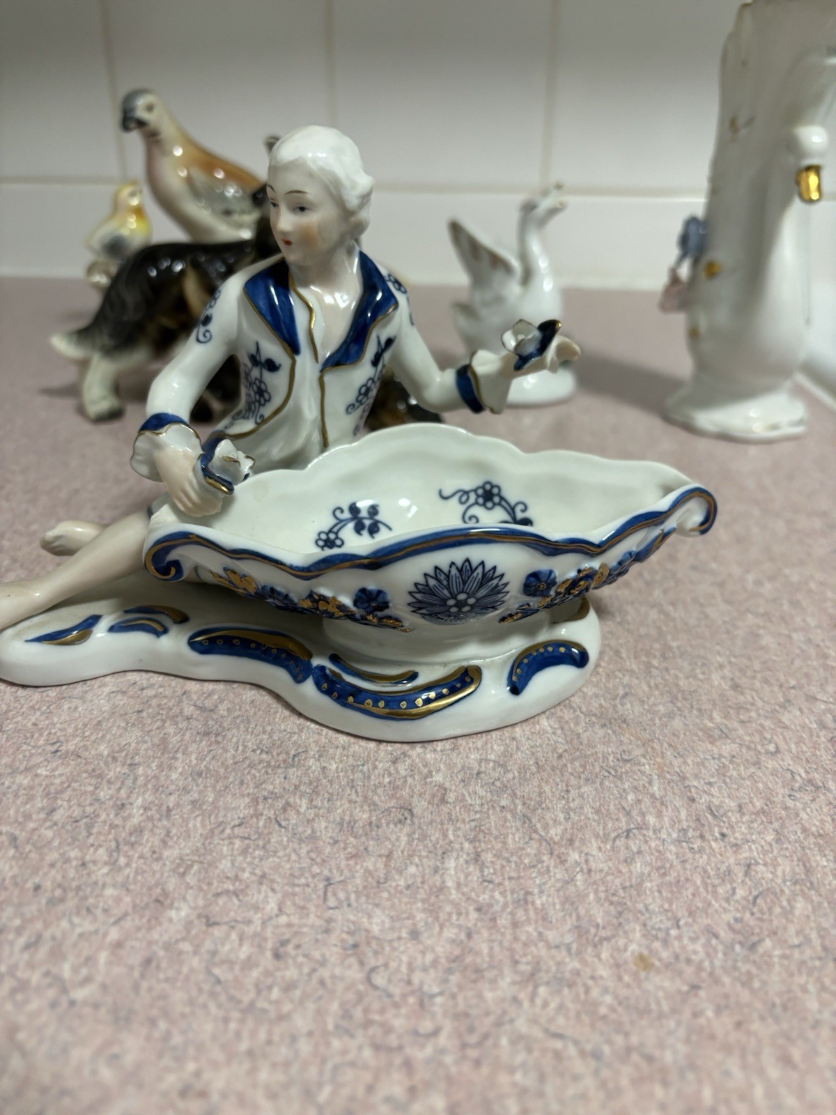 Porcelain Figurine Hand Painted Blue & White Pottery Gold Accents Glossy Finish