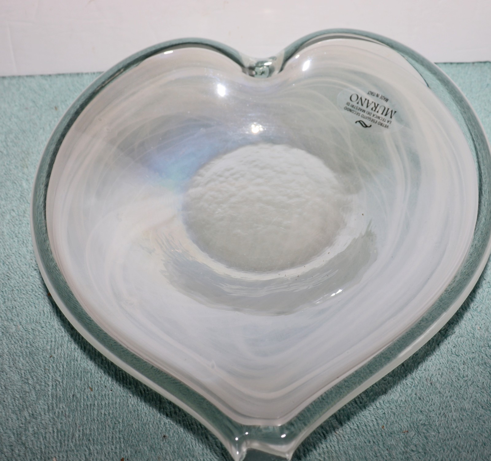 Murano Heart Dish White Swirl Art Glass Italy 9x8.5” Vintage Handmade Decor