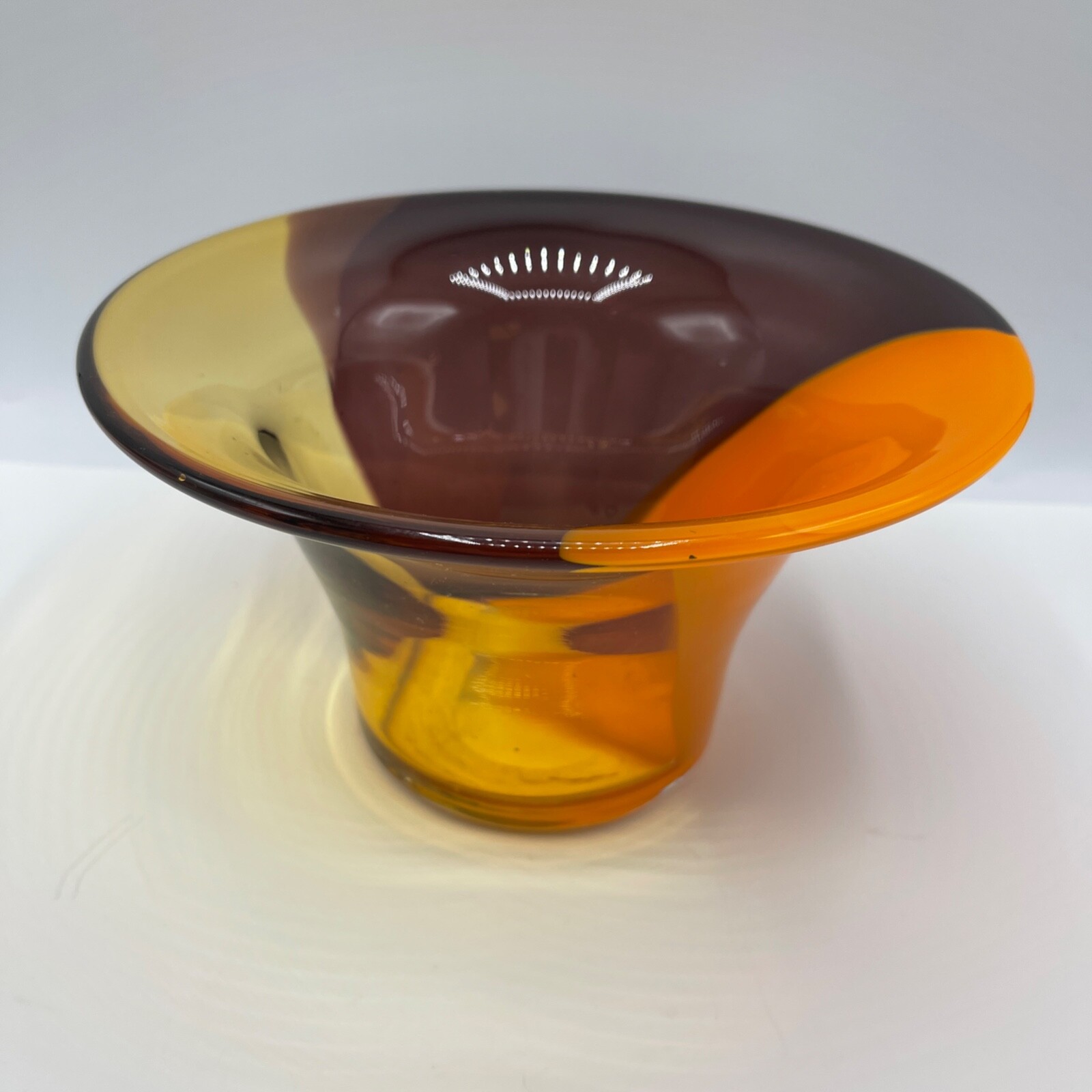 Vintage Tri Color Glass Bowl Orange Amber Brown Purple Curved Decor