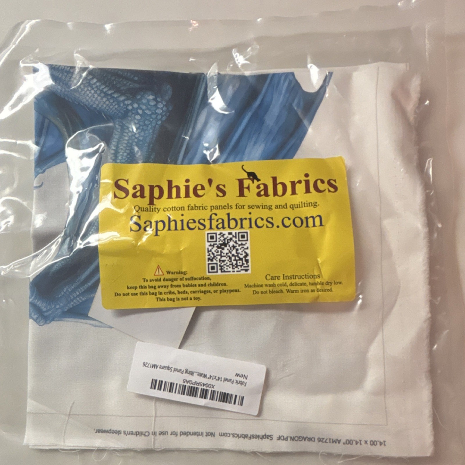 Saphie's Fabrics Blue Dragon Fantasy Cotton Iron-On Transfer Panel AM1726