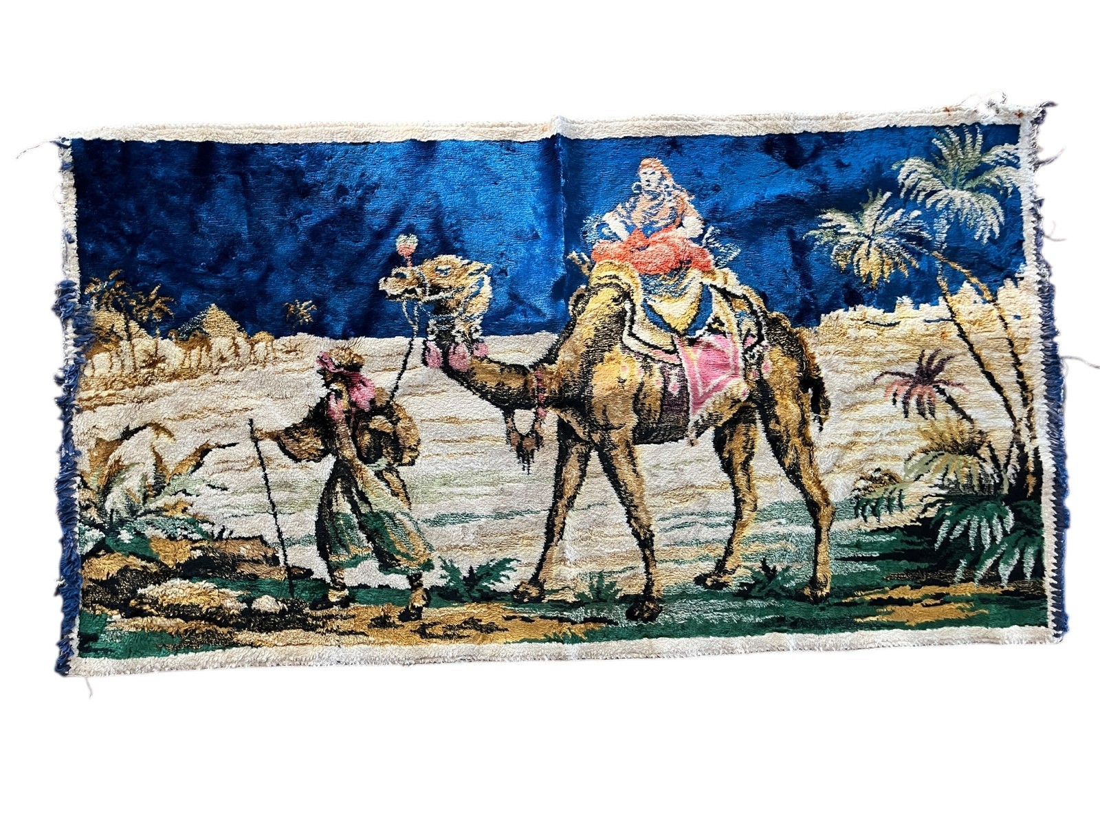 Vintage Desert Caravan Camel Wall Tapestry Rug Middle Eastern Scene Trimmed Art