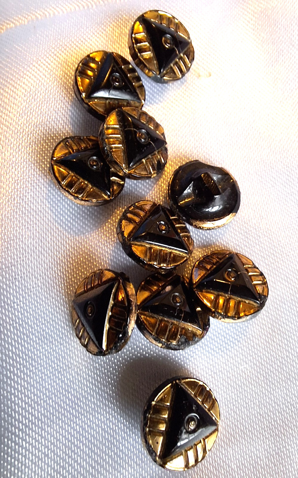 10 Antique Victorian Black & Gold Jet Glass Buttons Very Small 3/8" Self-Shank