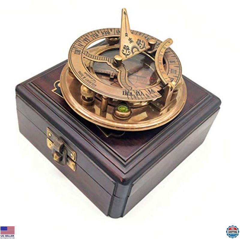 Elegant Antique Brass & Copper Sundial Compass with Clock, Ship Watch & Box