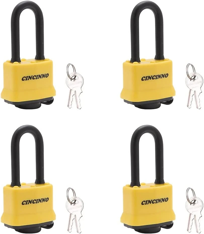 4 Pack Heavy Duty Covered Laminated Steel Padlocks Keyed Alike, Weatherproof Pa