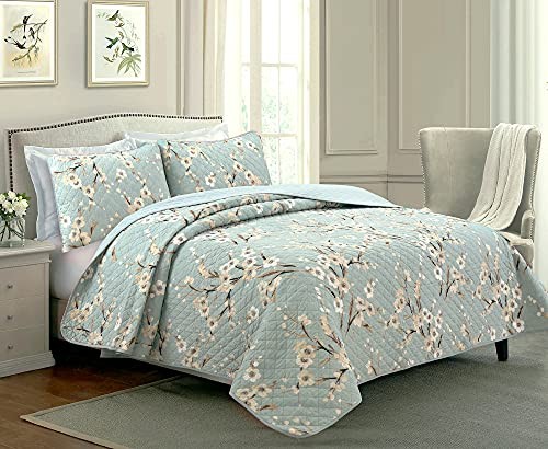 3-Piece Cotton Quilt Bedding Set, Cream Floral Cyan Blue King Cherry Blossom
