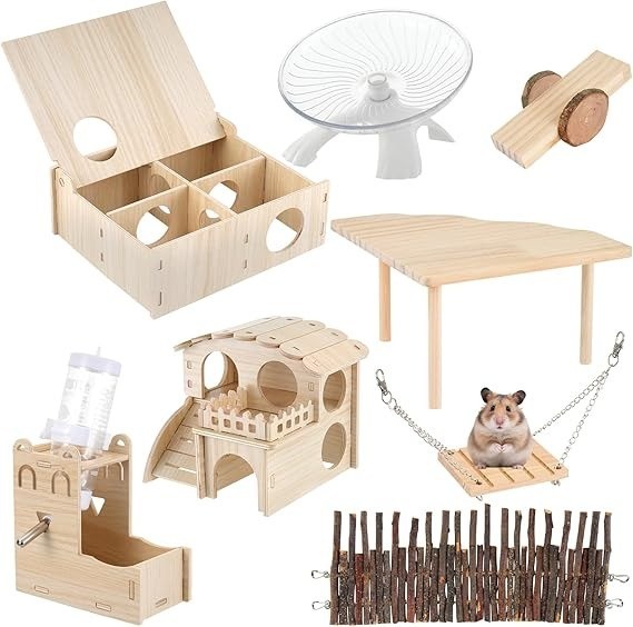 Complete Hamster Toy Set - Silent Exercise Wheel, Wood Maze House & Accessories