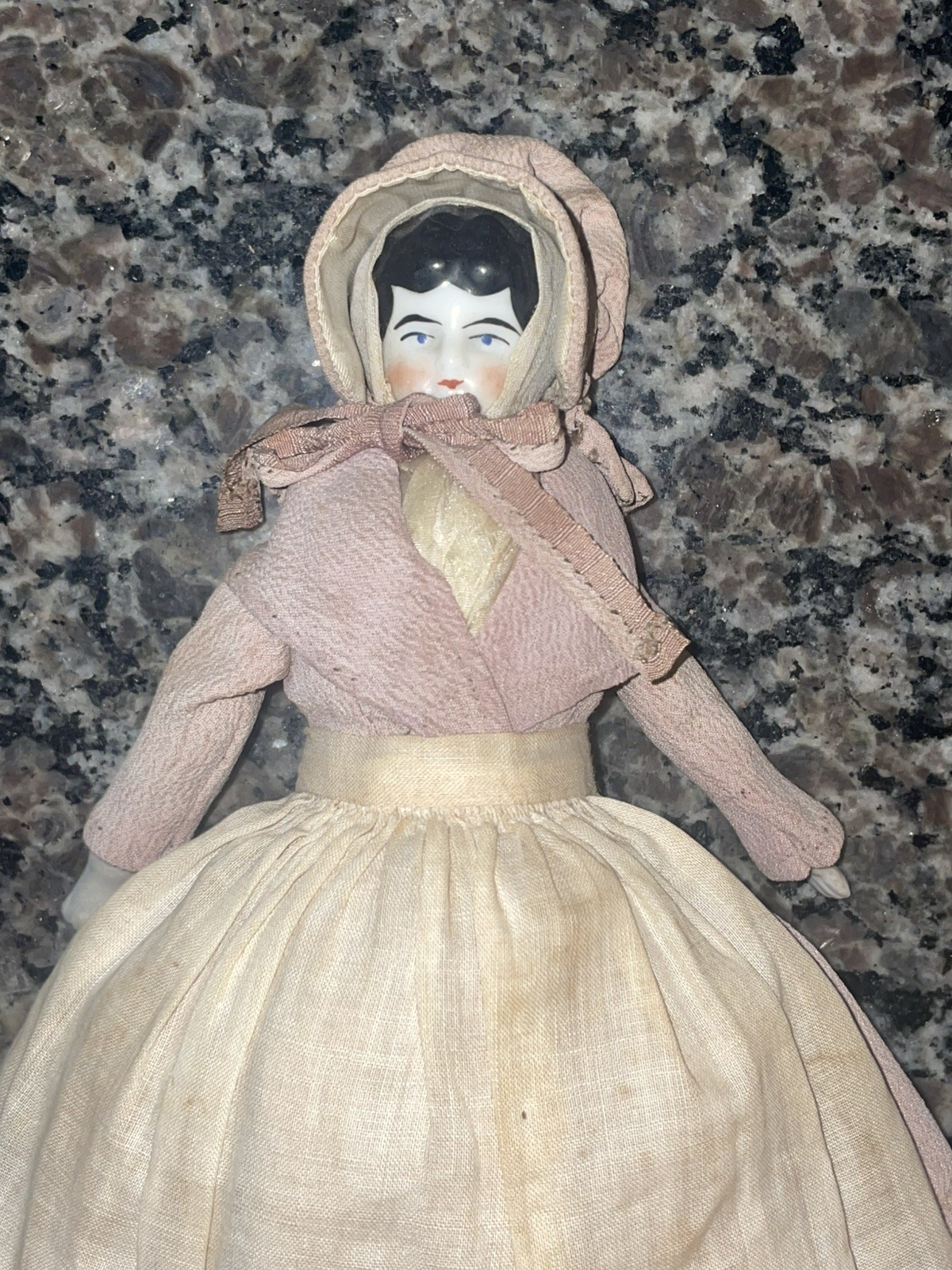 Antique 9” German 1890s Hertwig China Head Doll Original Body, Nicely Dressed