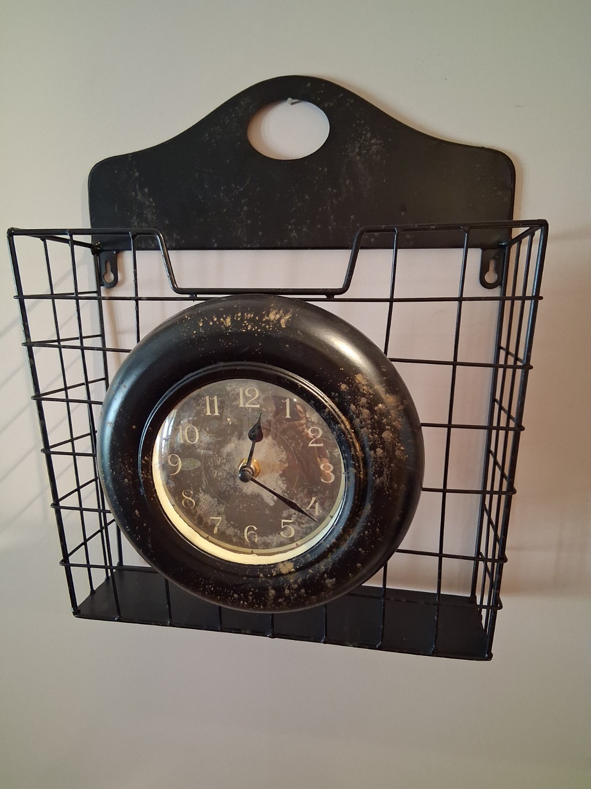 Antique look Station Clock With Attached File/mail Basket Works 