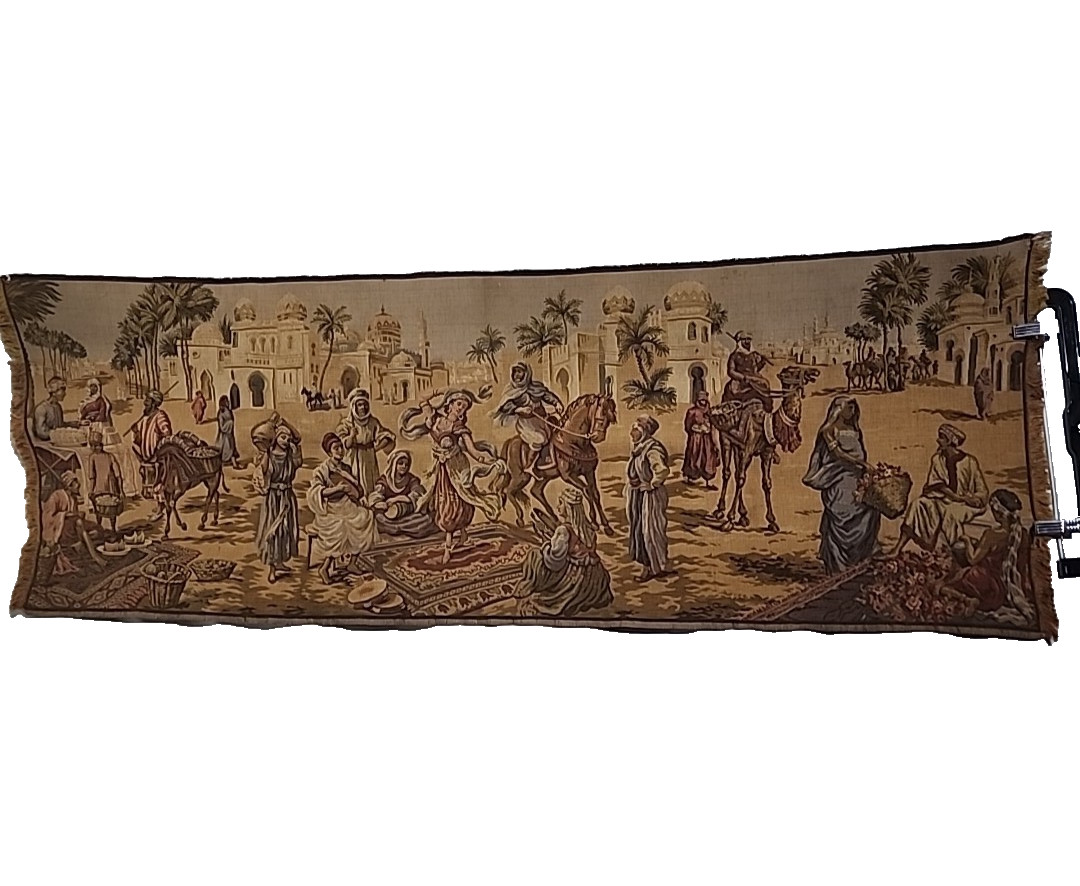 Tapestry Bazaar Scene, Possibly Middle East - 20x56in, Vintage Textile