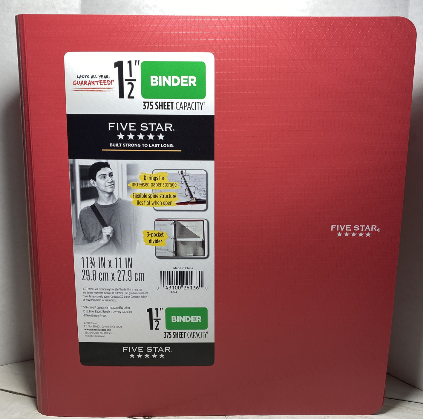 Five Star 1 1/2” Red Binder 375 Sheet Capacity D Rings 11 3/4 X 11” New