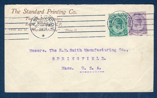 SOUTH AFRICA 1921 KGV COMBO STANDARD PRINTING CO TO USA