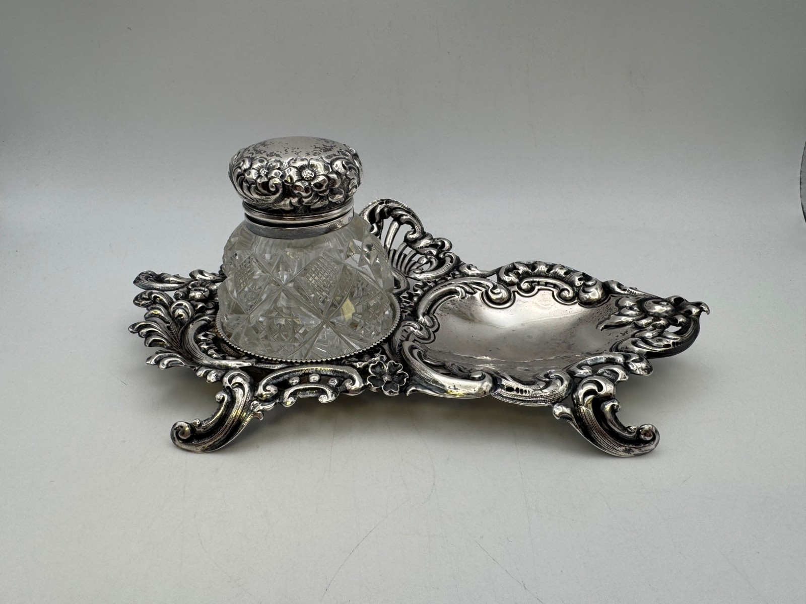 Antique Hamilton & Diesinger Sterling Silver & Crystal Inkwell with Tray