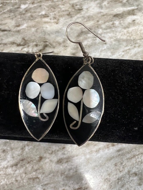 Vintage Alpaca Mexican Dangle Earrings Mother Of Pearl Or Abalone Inlay