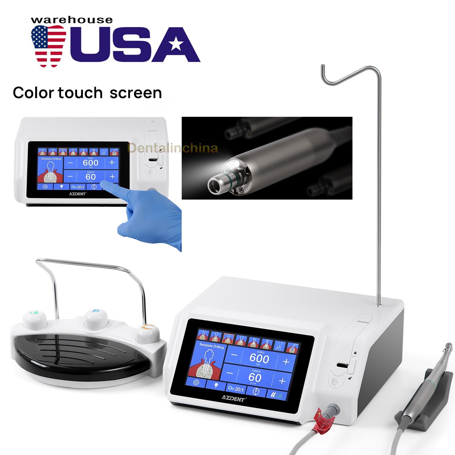 Dental LED Implant Motor Touch Screen With 20:1 Surgical Contra Angle Handpiece