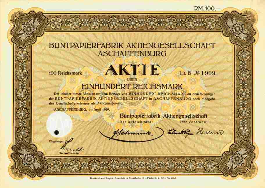 Buntpapierfabrik AG 1929 Aschaffenburg Lower Franconia Osterrieth Frankfurt 100 RM