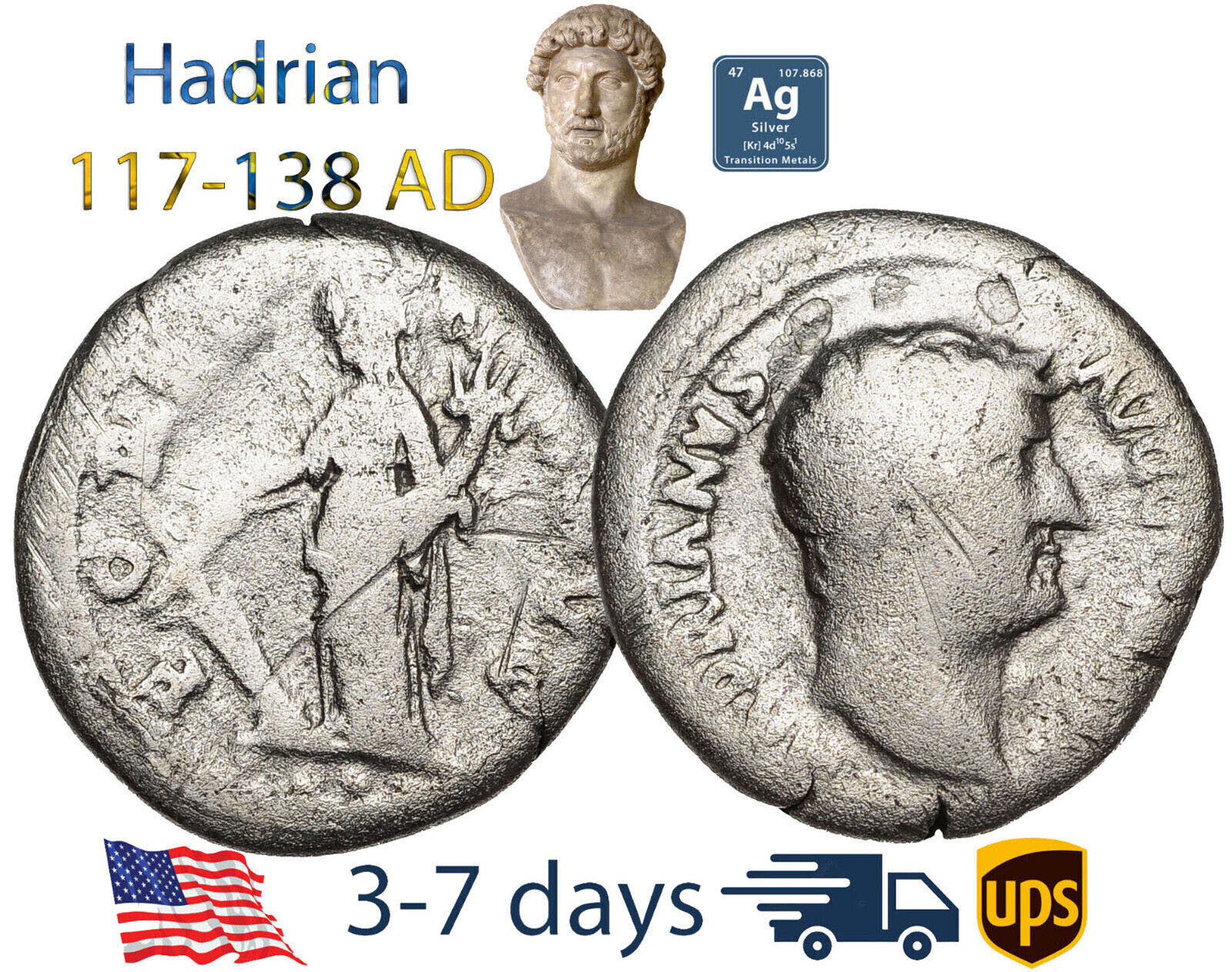 Ancient Roman Empire Coin Silver Denarius Hadrian 117 - 138 AD Authentic #20797