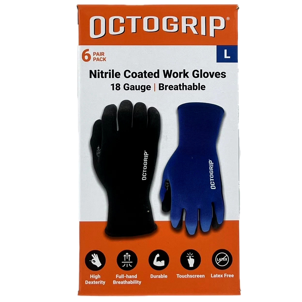 6 Pair Pack OCTOGRIP Nitrile Coated Work Gloves - Size L - 18 Gauge Breathable