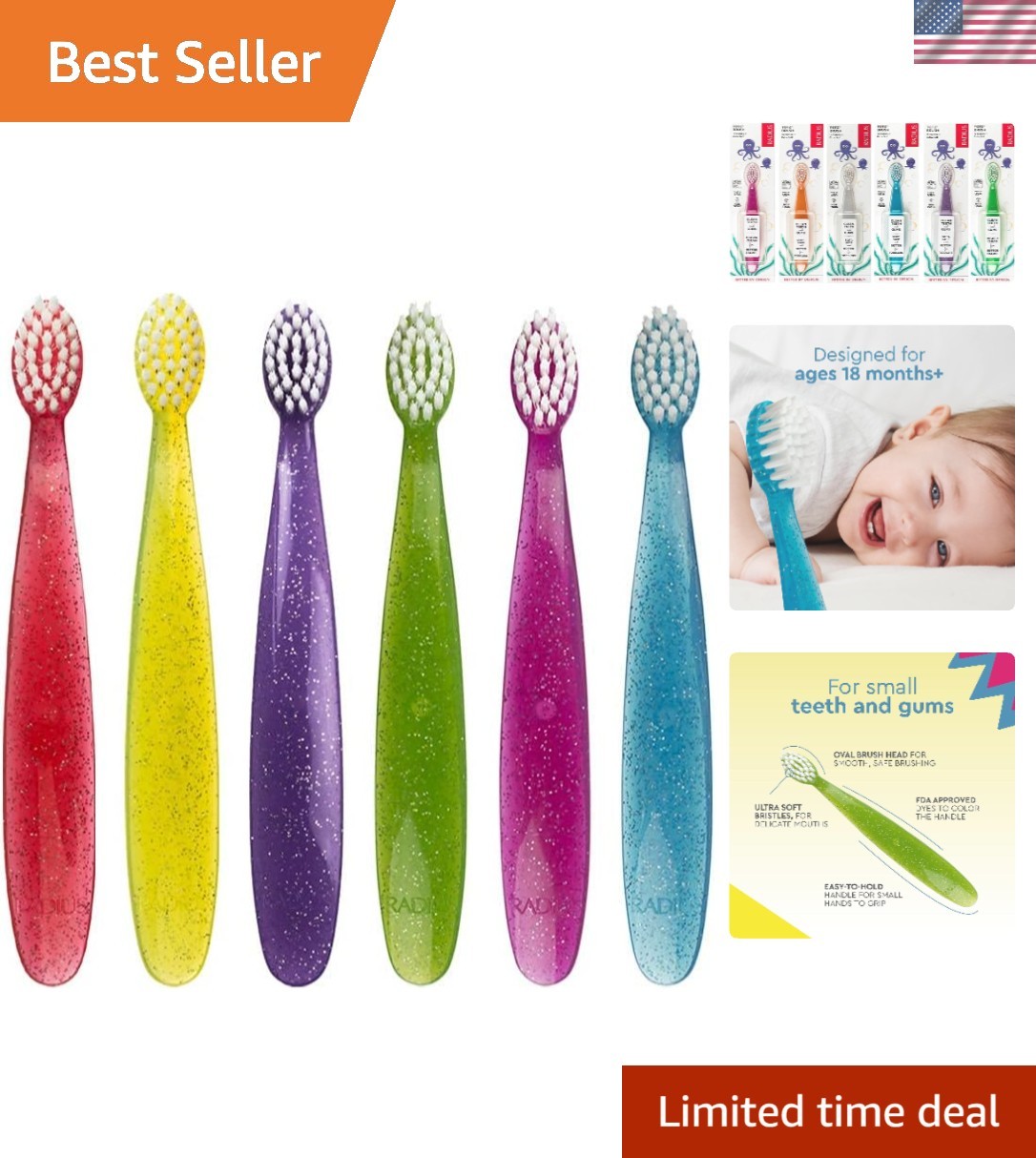 Children's Toothbrush, Totz Brush, Extra Soft Bristles, Assorted Colors, BPA ...