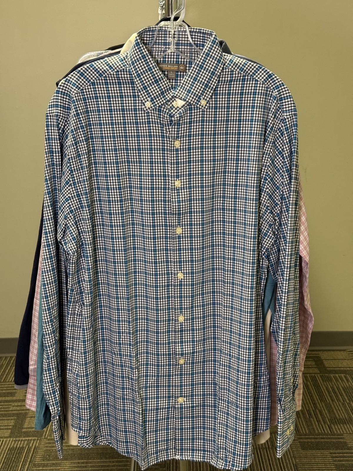 NWT MEN'S PETER MILLAR BUTTON DOWN, SIZE: L, COLOR: BLUE PLAID (M10.19)
