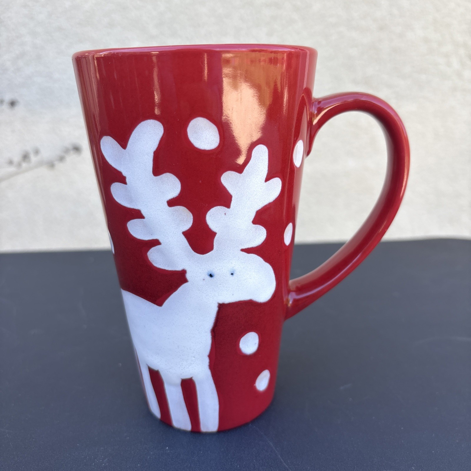 Pier 1 Handpainted Tall Reindeer Mug Red/White Holiday Hot Cocoa 16 Oz