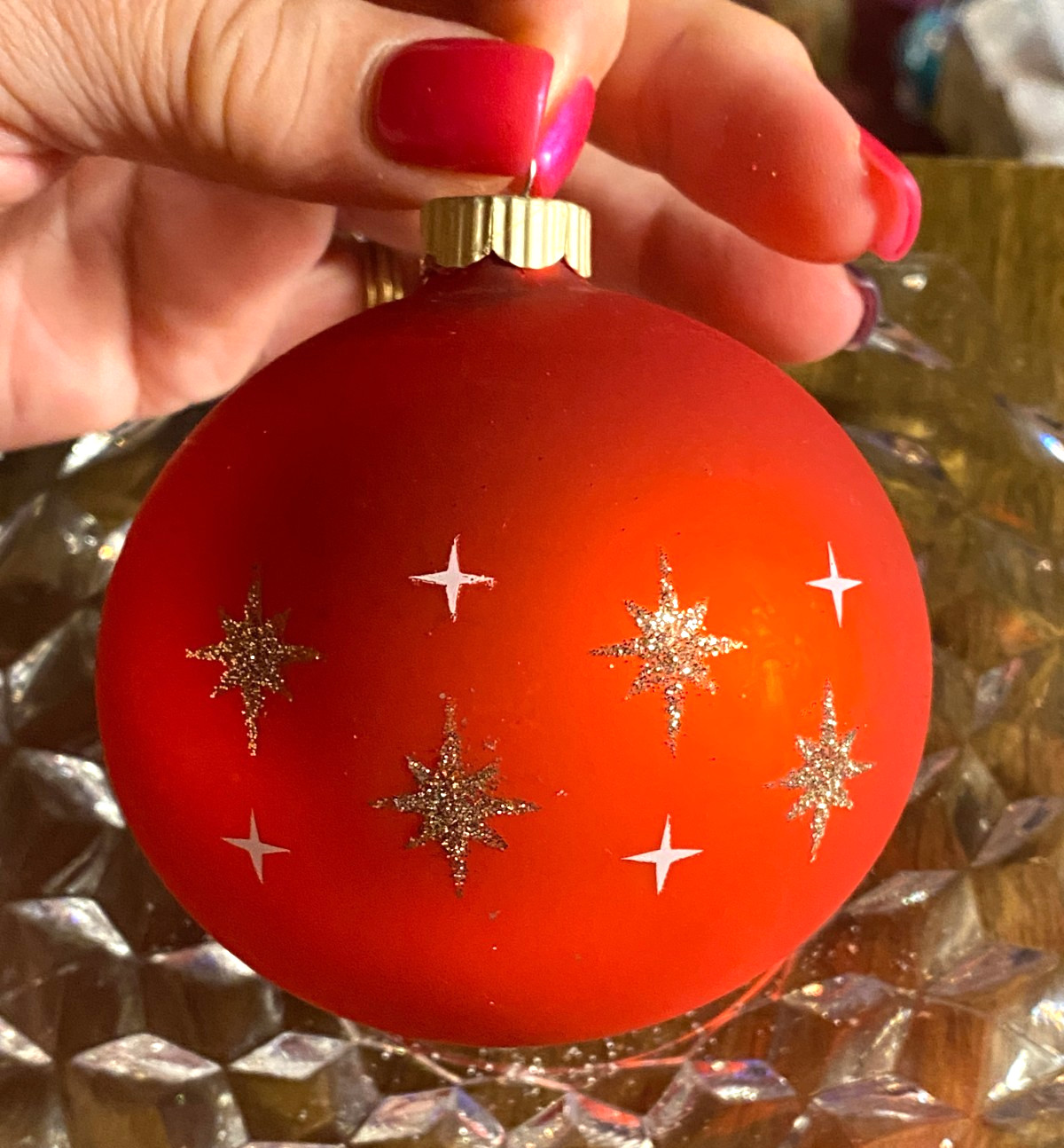 Squatty Round Red Blown Glass Gold Stars Glitter Christmas Ornament 3"
