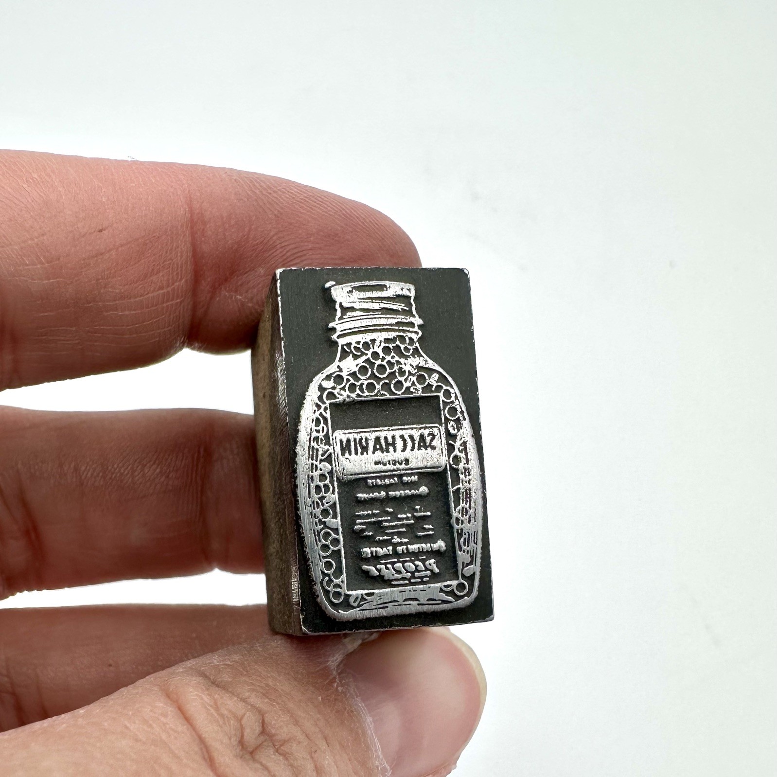 VTG Newspaper Advertisement Letterpress Metal on Wood Block ”Saccharine” Bottle