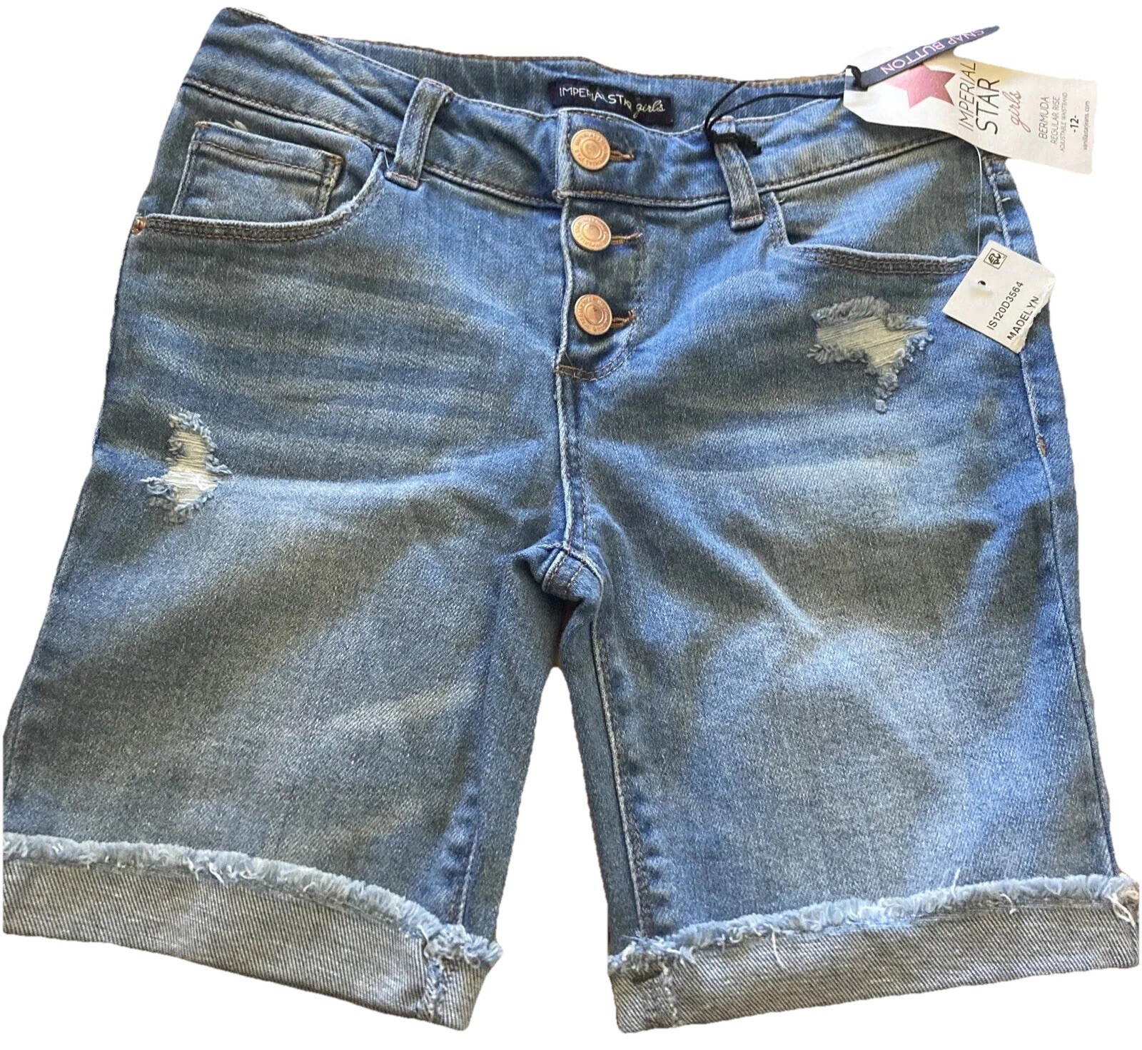 Imperial Star Girls Bermuda Cut Off Cuffed Jeans Shorts Size 12–NWT