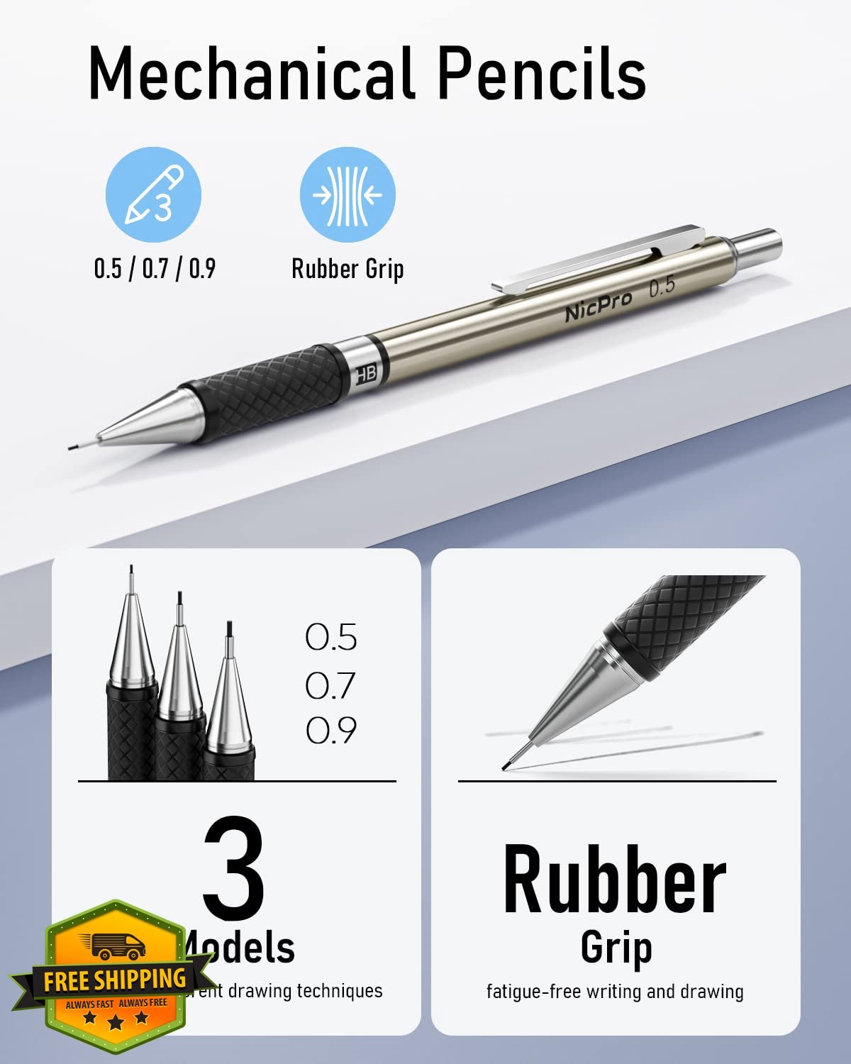 Nicpro Mechanical Pencil Set 6PC 0.5/0.7/0.9mm Drafting Holder