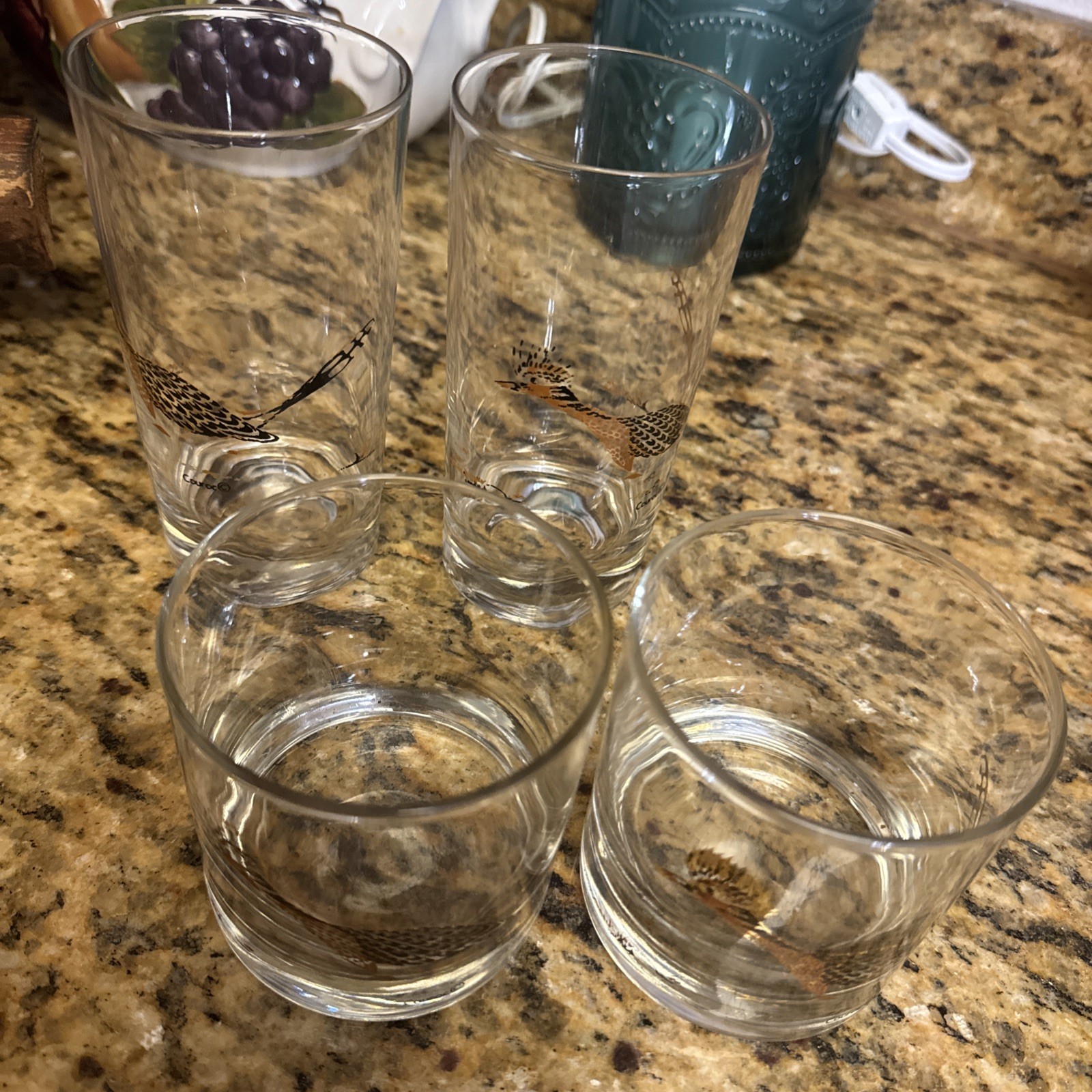 Vintage Drinking glasses by Couroc of Monterey, a gold-inlaid bird design