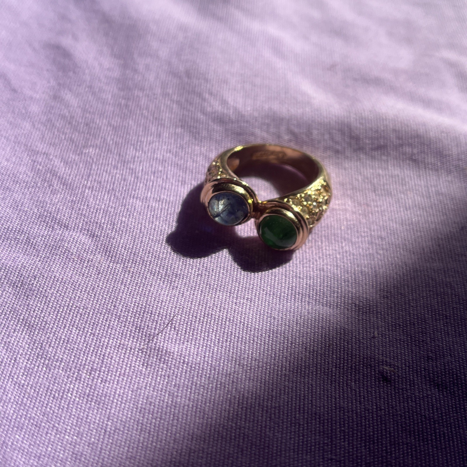 Two Stone Bypass Ring Gold Tone with Green & Blue Gems Size ~7