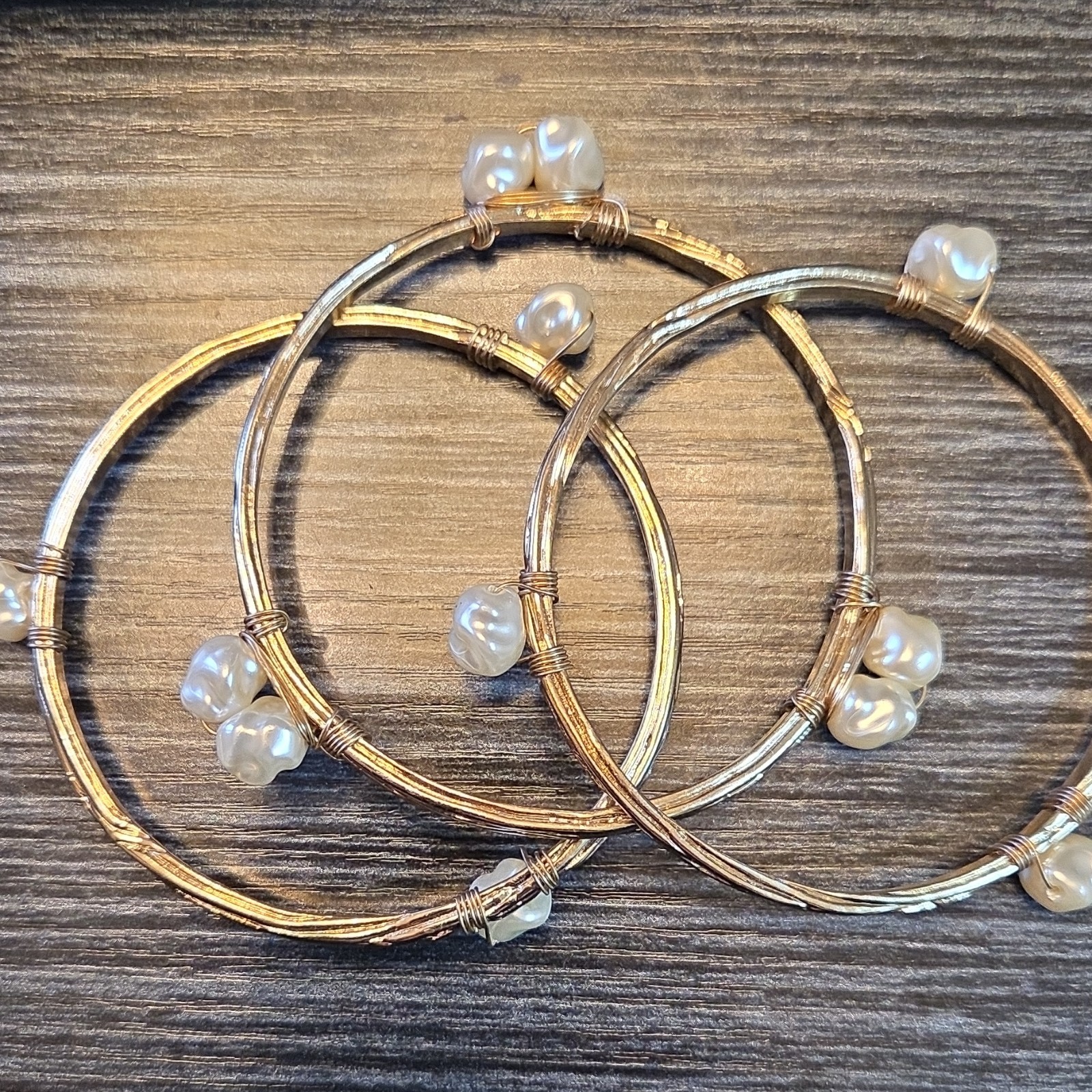 Gold Wire Bangle Bracelets with White Round Pearls, Beaded Set of 3 for Women