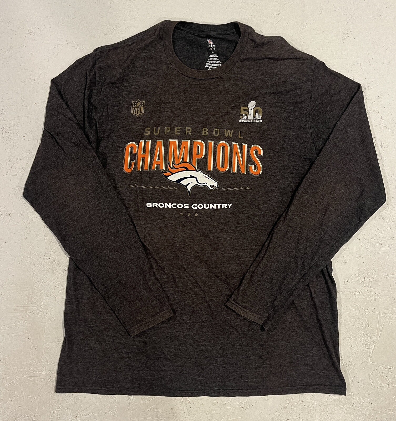 Denver Broncos Super Bowl 50 T Shirt Long Sleeve Gray NFL Pro Line Football XL