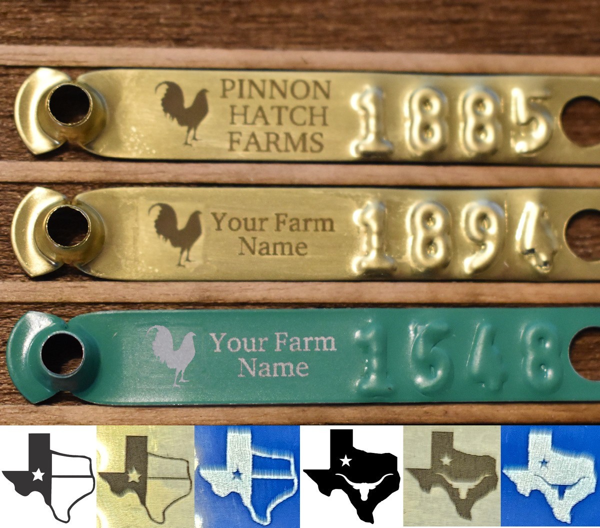 100pk Customized Laser Engraved Leg Bands ID Tags w/ Text & Texas Art