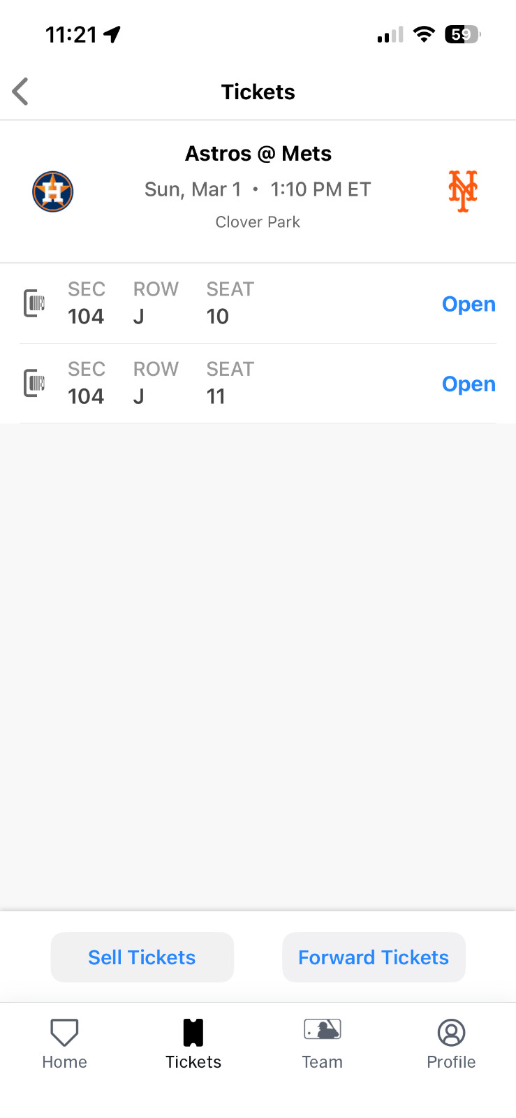 2026 Mets Spring Training tickets Mets v.Astros Sun March 1 Sect 104 Row J 10-11