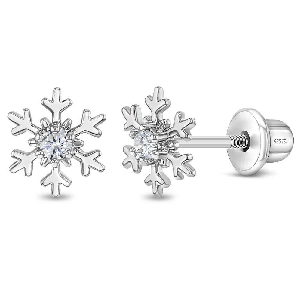 Icy Snowflake Kids / Children's / Girls Earrings Screw Back - Sterling Silver