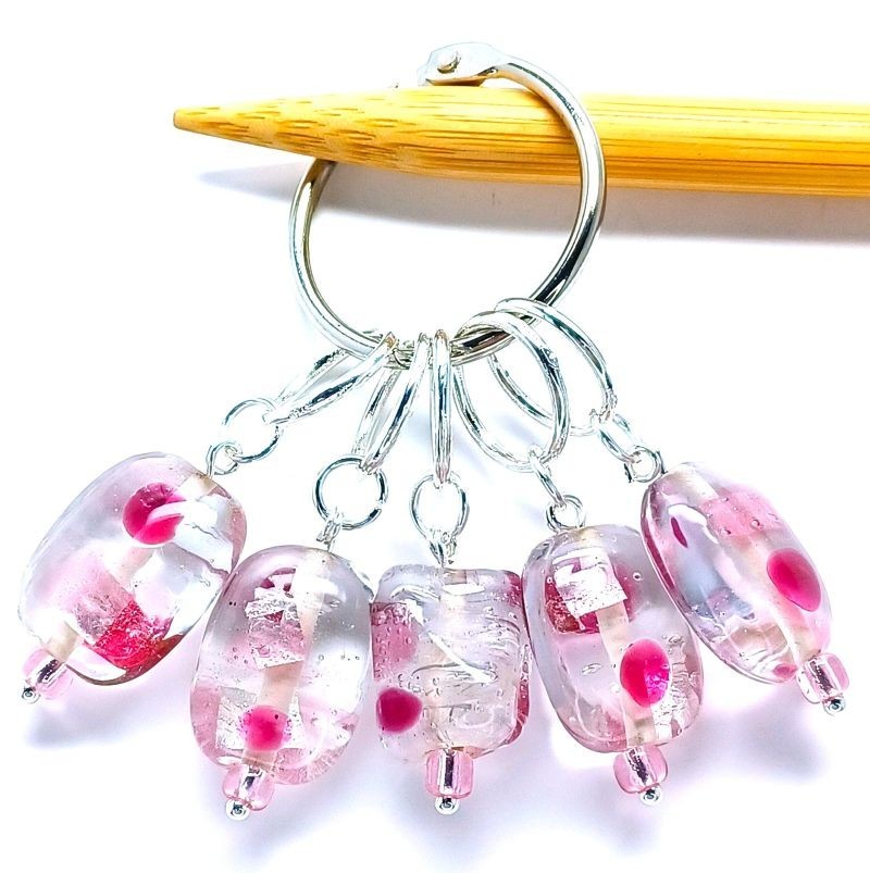 MikieLou Stitch Markers Premium Pink Mauve Art Glass Knitting Rings USA Ship