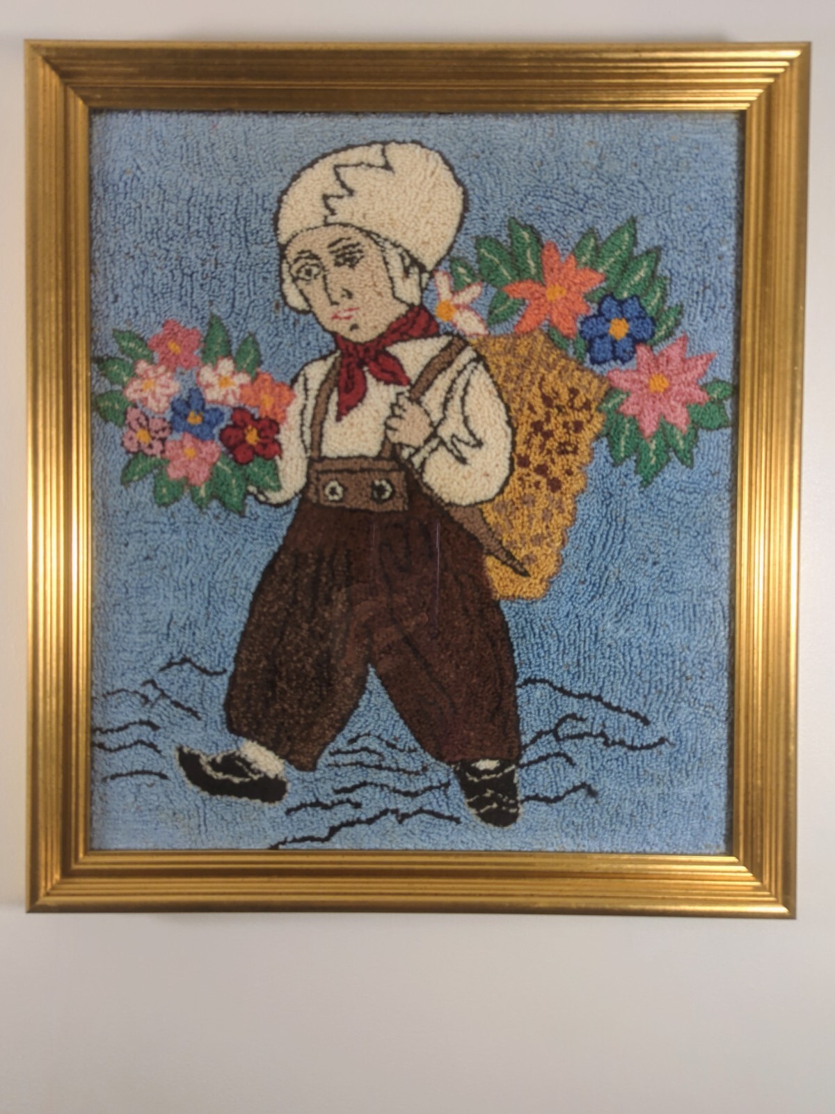 Vintage Dutch Boy Punch Needle Hook Rug Framed Textile Wall Folk Art 18.75x16.75