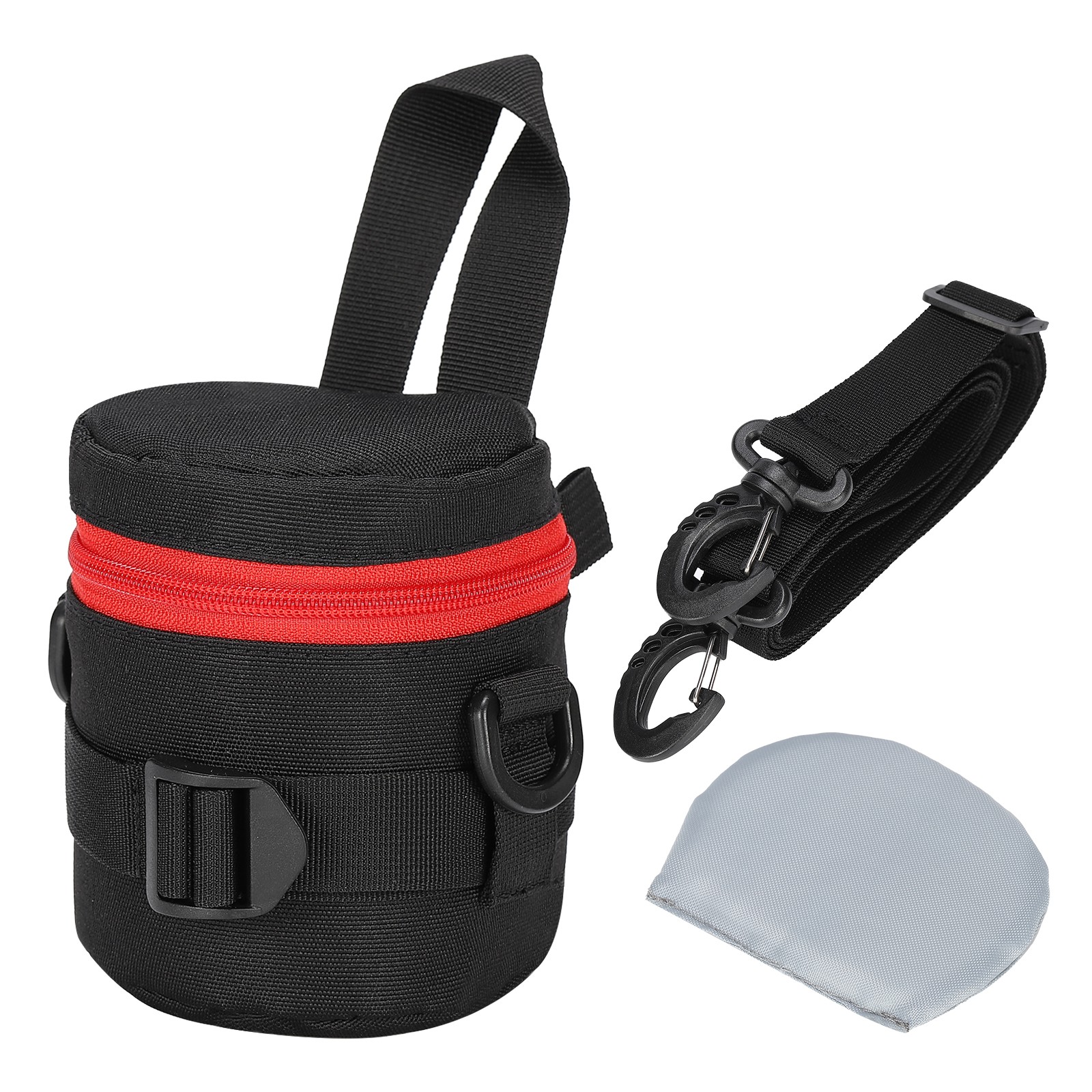 3.3" ID x 3.7" H Lens Pouch Case with Strap and Lens Pad, Red/Black
