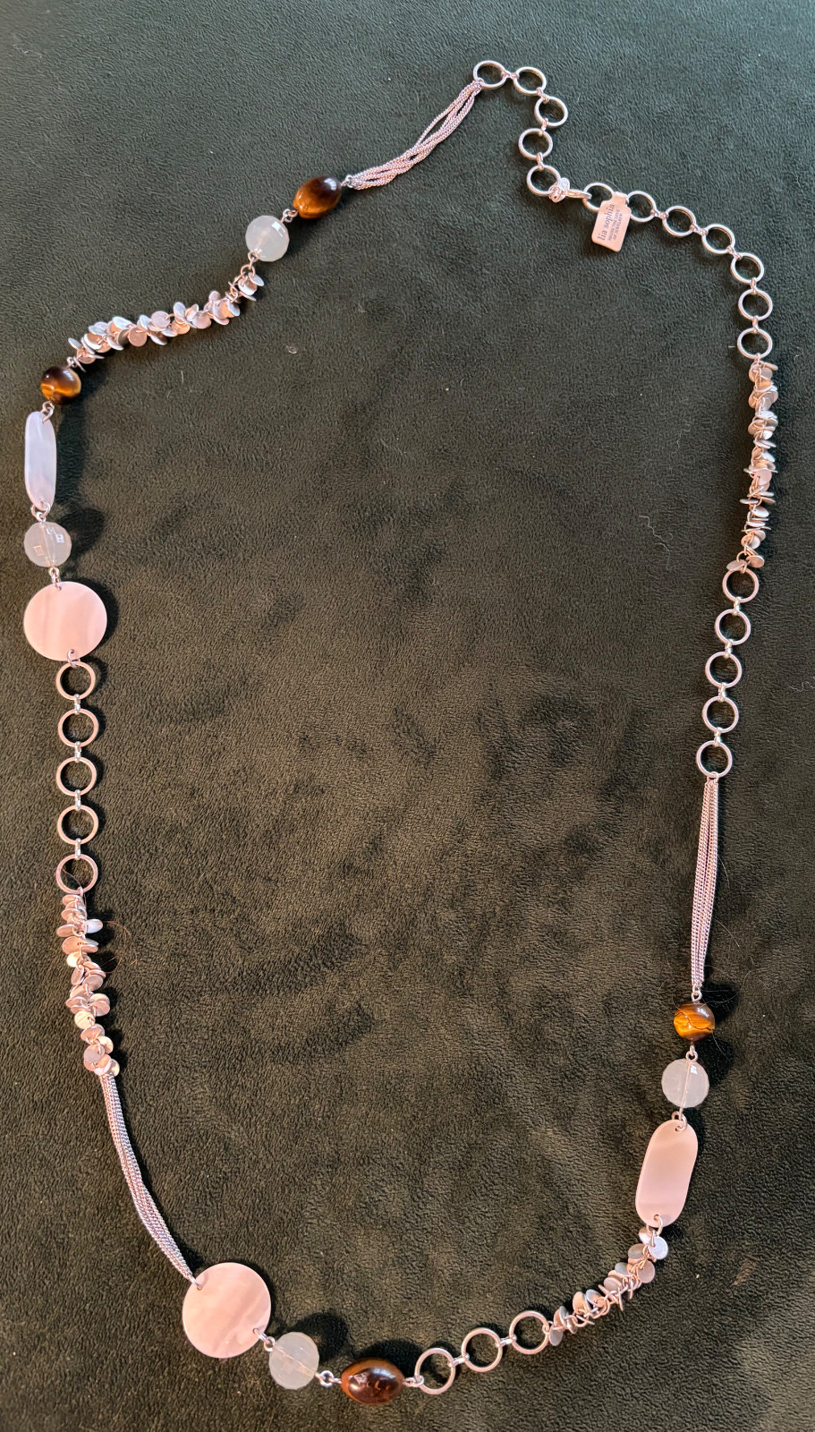 Lia Sophia Statement Necklace 22" Silver Tone Link Tigereye and Light Beads