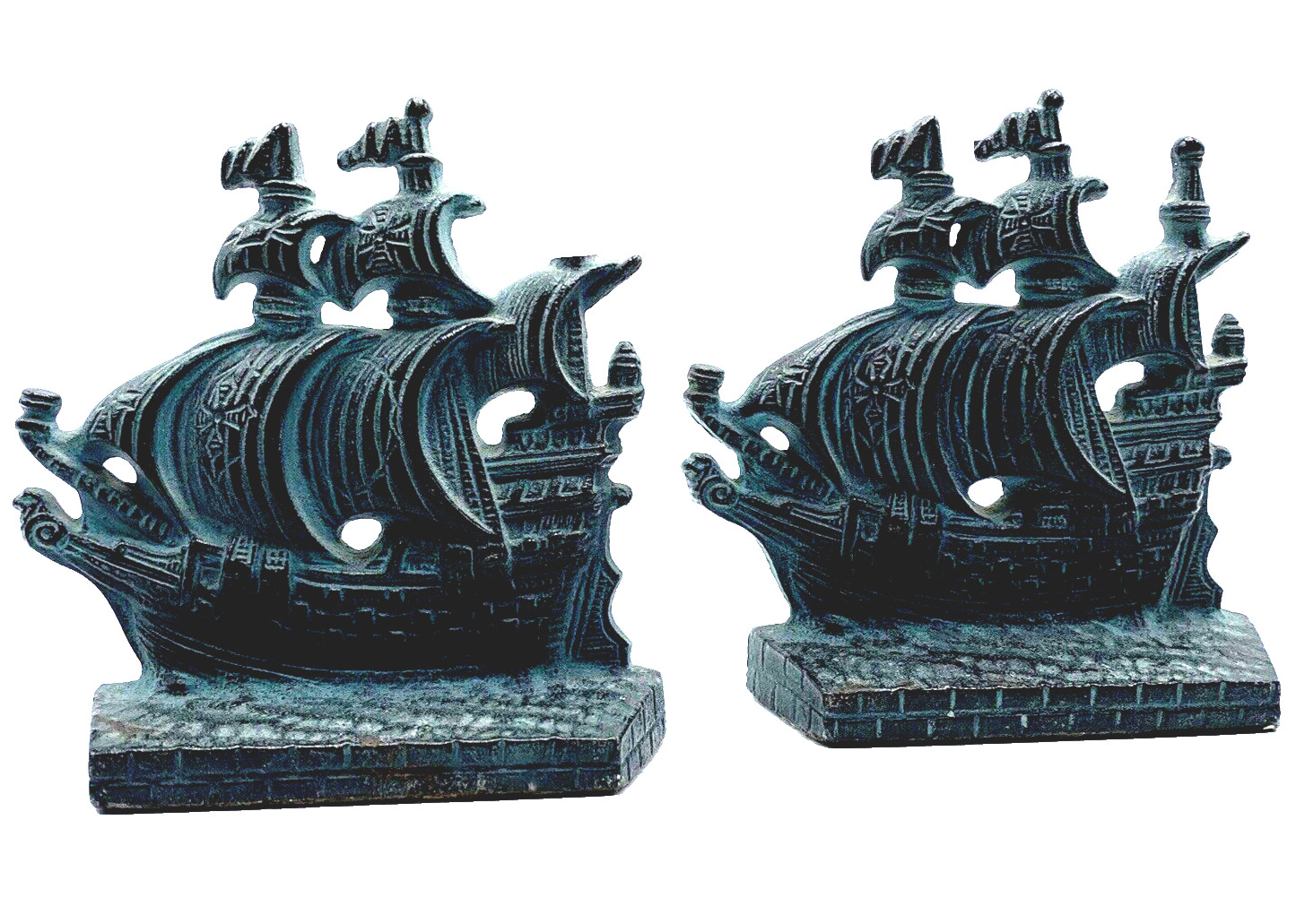 Vintage Cast Iron Bookends Sail Sailing Ship Spanish Galleon Shelf Home Decor
