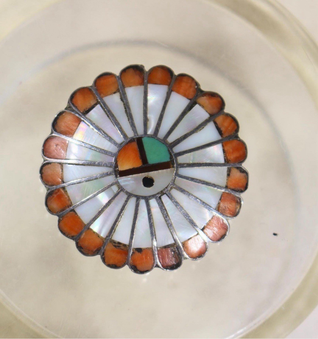 Zuni Native American Sunface Turquoise Mother of Pearl Pin Vintage