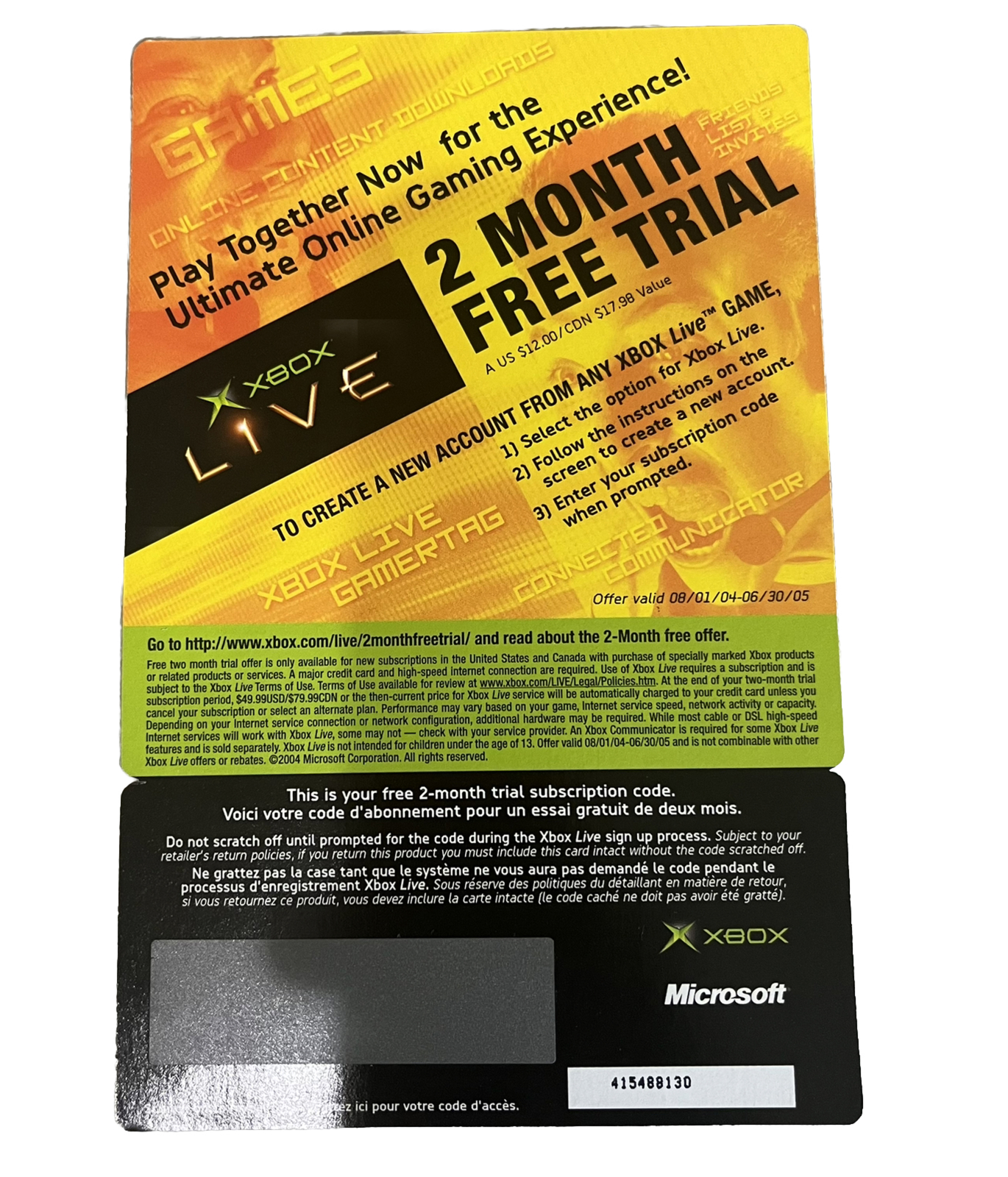 Original XBOX Live New 2 Month Free Trial Unused Collectors Card