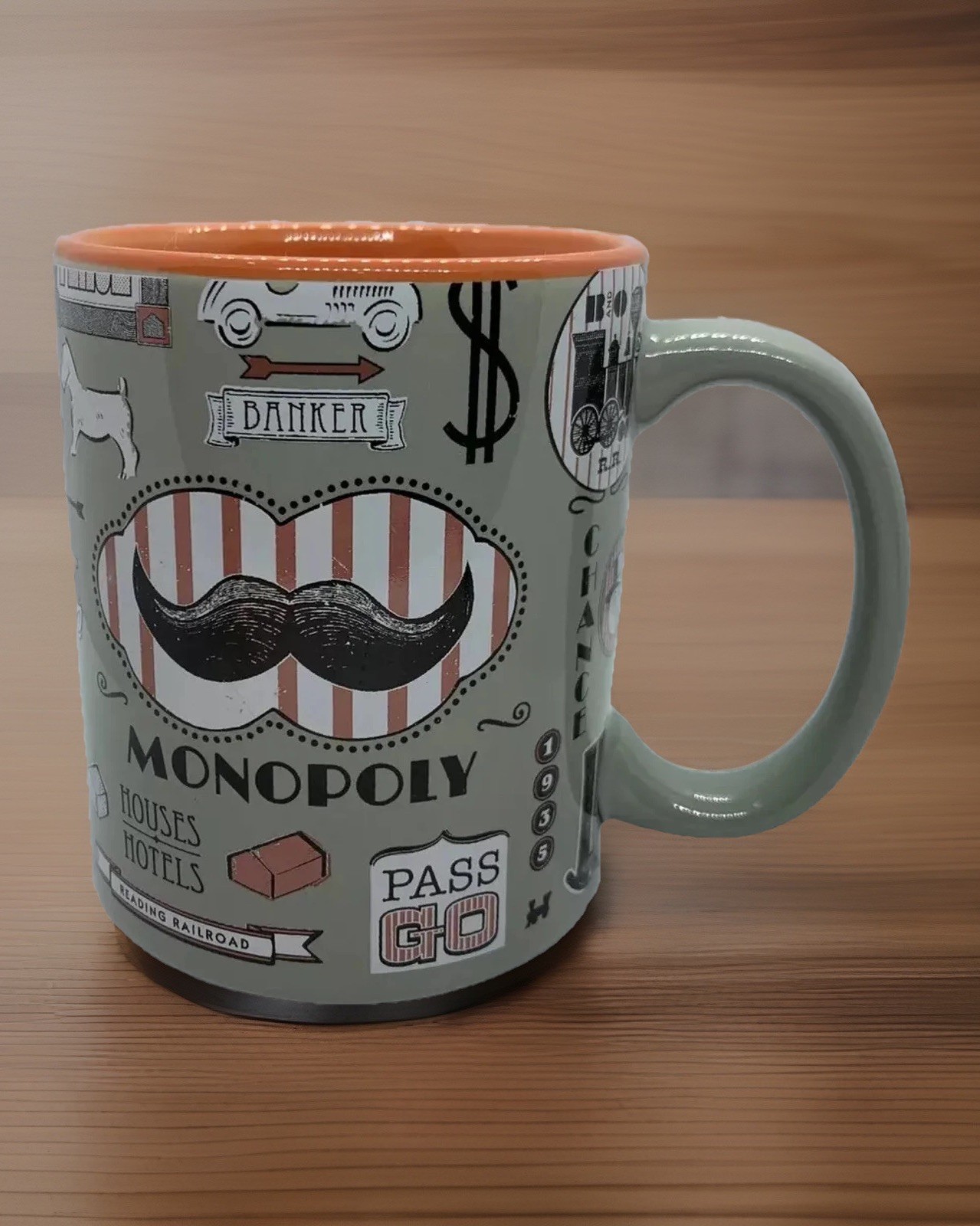 Hasbro Monopoly Mustache Mug 12 oz Coffee Tea Gray Orange Stoneware Games 2015